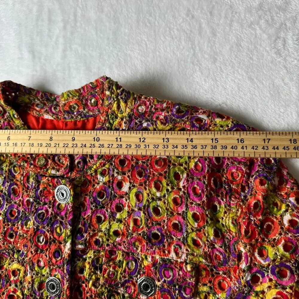 Chico’s Embroidered Jacket Size 3 Colorful Floral Textured Button Front Boho - Picture 6 of 11